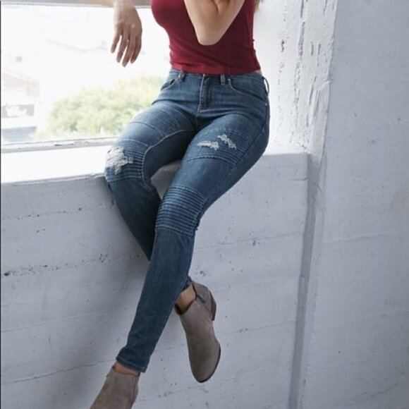 Kendall + Kylie Distressed Biker Mid-Rise Skinny Jeans - Picture 1 of 7